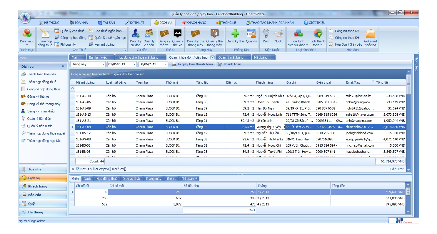 Giao diện in giấy báo, hóa đơn trên phần mềm quản lý toàn diện toà nhà Landsoft control